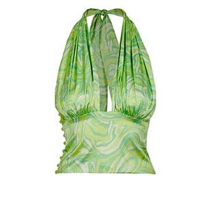 House of Sunny silk green and white halter top. Size S